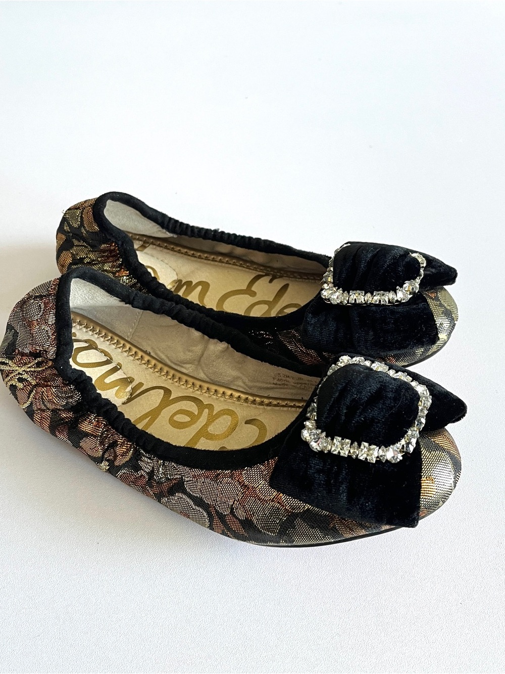 Sam Edelman girls ballet flat shoe 2 Farah gold brocade buckle black velvet bow
